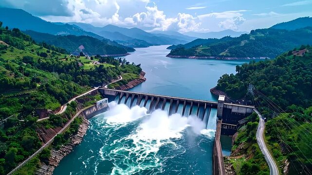 Dynamic aerial view of a powerful hydroelectric dam releasing water, highlighting engineering excellence within a majestic mountain landscape and expansive reservoir