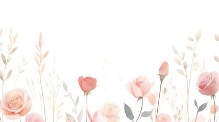 Delicate watercolor roses and greenery adorn a soft white background.