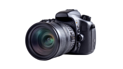 Professional DSLR Camera with Zoom Lens on white background