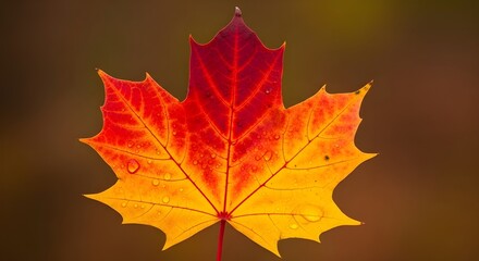 Obraz premium Vibrant Autumn Maple Leaf with Water Droplets on a Blurred Background