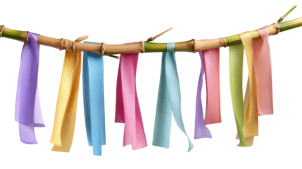 Colorful Ribbons Hanging on Bamboo Stick on white background