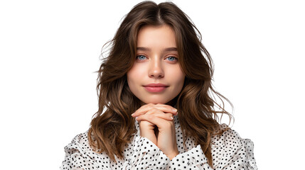 Serene Portrait of a Woman: Capturing the essence of gentle beauty, a woman radiates serenity, her gaze direct, hands clasped in a gesture of contemplation.