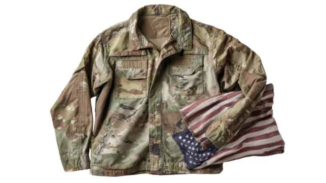 Military Camouflage Jacket with Folded American Flag Isolated on White Background