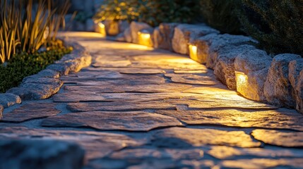 A stone path with lights on it