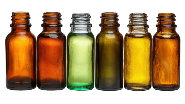 Colorful Empty Glass Bottles for Essential Oils and Cosmetics on White Background