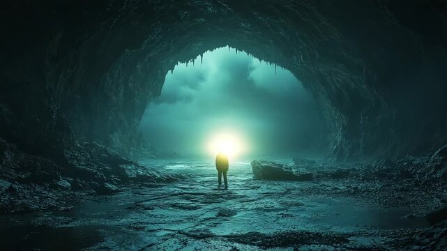 Lone Explorer Illuminating a Vast and Mysterious Dark Cave.