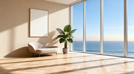Fototapeta premium Minimalist coastal corner with wooden chair and blank frame