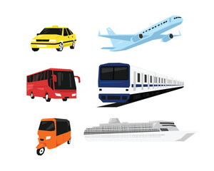 Set pf public transportation. Taxi, airplane, bus, train, tuktuk, and cruise ship. Flat geometric vector illustration.