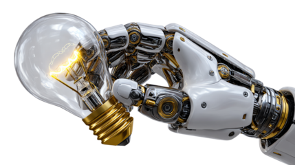 Innovation Spark: An intricate robotic hand delicately holds a glowing light bulb, representing the fusion of technology and ideas.