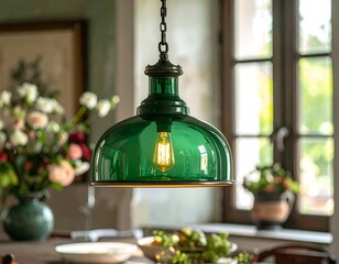 Green pendant lamp in a rustic dining room