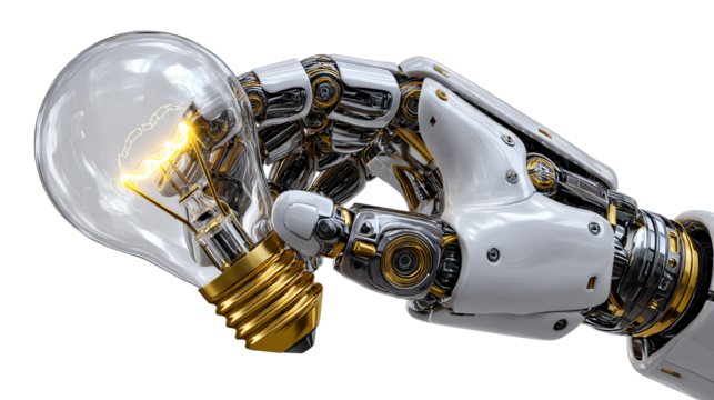Innovation Spark: An intricate robotic hand delicately holds a glowing light bulb, representing the fusion of technology and ideas.