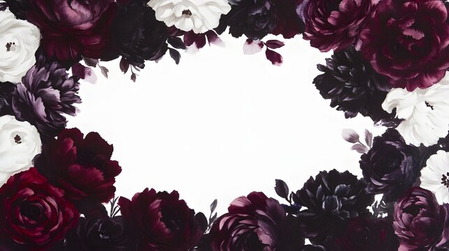 Dark floral frame with deep red and white blossoms.