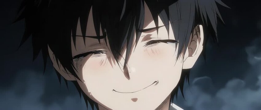 A powerfully emotional extreme close-up of an anime boy hiding deep sadness behind a forced smile. The dramatic lighting highlights the conflicting emotions in his eyes. A portrait of hidden pain.