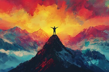 Dramatic digital painting of silhouette person atop mountain image