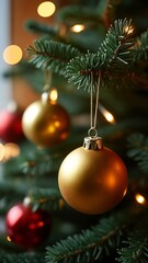 Fototapeta premium A close up of a gold ornament hanging from a tree.