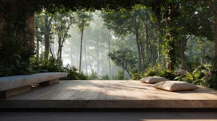 A wooden platform with a bench and pillows