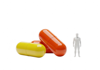 Two large capsules next to human silhouette for scale, isolated on transparent background
