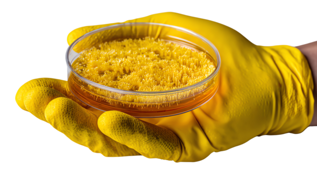 Analysis in Hand: A gloved hand delicately presents a petri dish filled with a yellow, textured substance, providing a visual representation of a scientific investigation. 