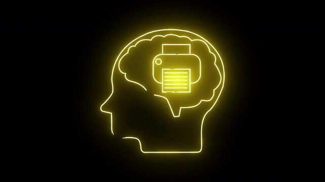 A neon yellow outline of a head with a printer icon inside set against a black background