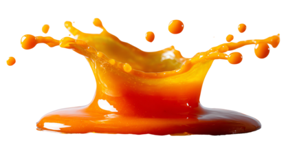 Vibrant Liquid Crown: A dynamic capture of a liquid crown in a brilliant orange hue, suspended in mid-air. Witness the mesmerizing physics of liquid. 