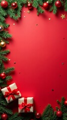 A red background with a border of Christmas decorations.