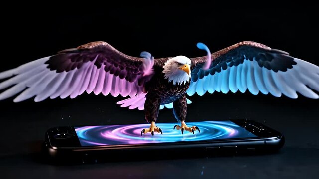 A majestic eagle with glowing neon wings landing on a smartphone screen showing a galaxy