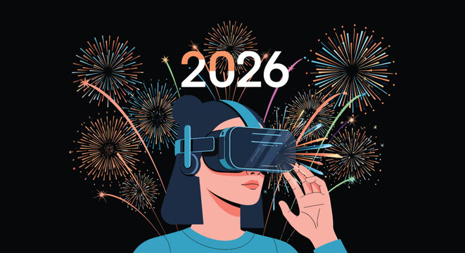 Woman wearing VR headset experiences virtual fireworks display in futuristic 2026, symbolizing technological advancement and immersive entertainment.