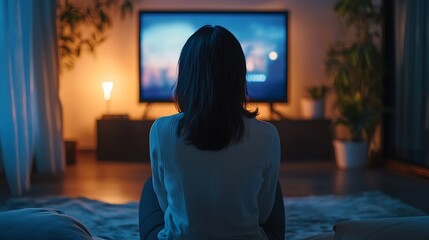 Female silhouette watching TV screen in dark living room image