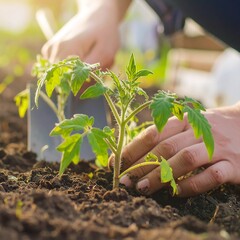 Hands planting a tomato seedling in soil