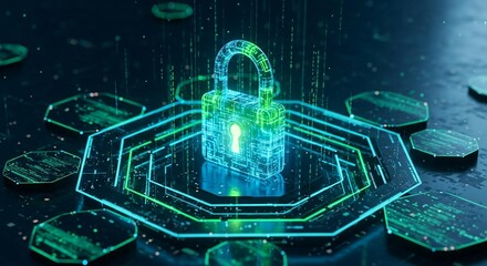 Secure your digital world with this stunning holographic padlock, symbolizing cybersecurity and data protection in a futuristic tech landscape.