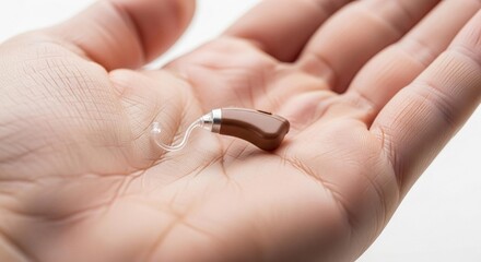 Tiny, discreet brown hearing aid rests gently in a caring, open palm, symbolizing improved sound and a better quality of life.