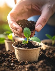 Hands planting seedling in small biodegradable pots