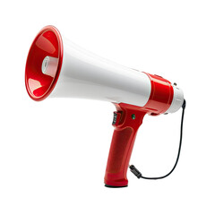 Red and white megaphone with handle, against a black background