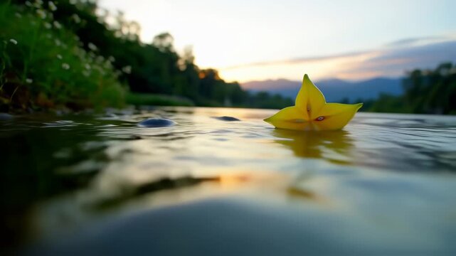 A vibrant carambola star fruit floating gently on a calm river surface