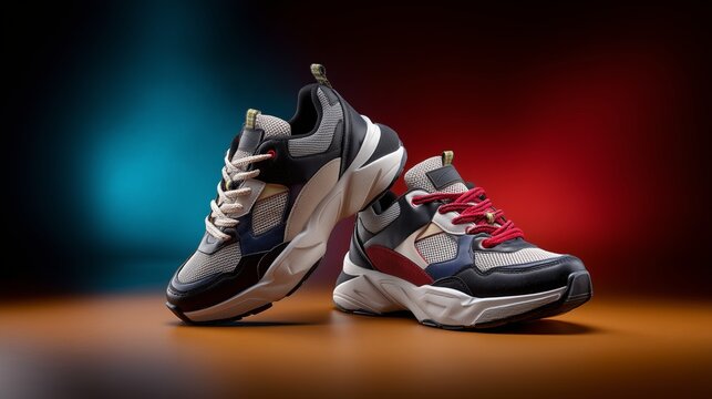 Stylish Sneakers on Display: A pair of contemporary sneakers, showcasing vibrant colors and sleek design, are poised against a gradient backdrop, evoking a sense of dynamic energy.