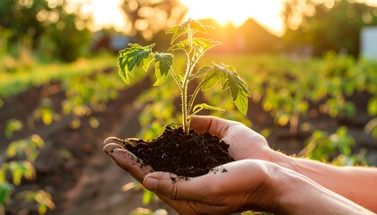 Hands holding young tomato plant in soil at sunset