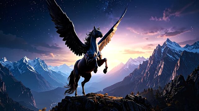 A magnificent black Pegasus with powerful wings perches on a mountain summit, silhouetted against a breathtaking celestial sunrise over a snowy alpine range