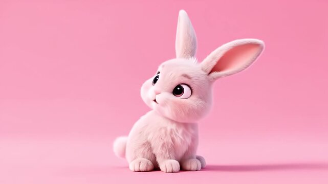 A cute adorable fluffy pink baby bunny rabbit sitting on a plain pink background