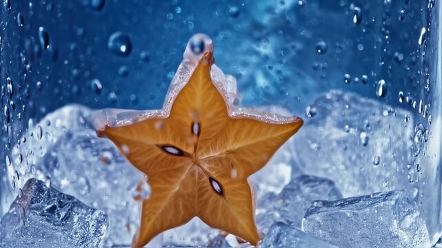 Exotic Star Fruit on Ice Cubes with Water Droplets Background Refreshment