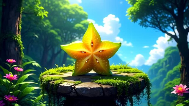 Magical Star Fruit Still Life: A Tropical Delight in a Lush Forest Setting