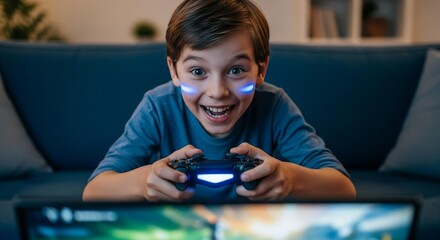 Excited young boy immersed in vibrant video game action with bright lights, grinning with pure joy on couch, perfect for gaming ads and family fun