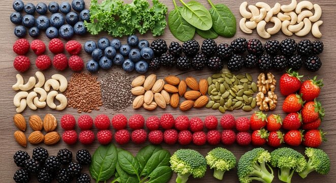 Vibrant assortment of healthy superfoods featuring fresh berries, nuts, seeds, and greens on wooden background for nutritious lifestyle content