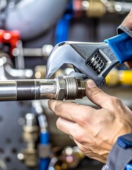 Hands tightening a pipe fitting with adjustable wrench