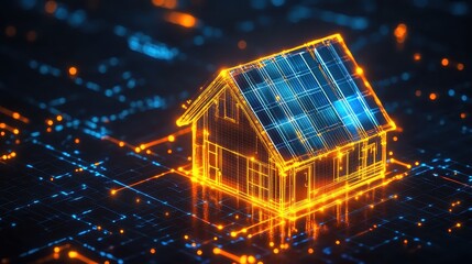 A house with glowing lights on a dark background