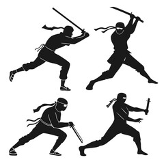 Dynamic silhouettes of four ninjas in action poses with swords and daggers on a white background representing martial arts combat and stealth © ALEX ROSS
