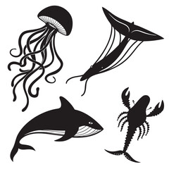 Collection of stylized black silhouettes of marine life including a jellyfish a shrimp a dolphin and a scorpion on a white background