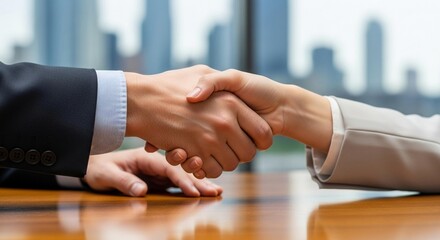 Confident business people shaking hands after successful negotiation in modern office with skyscraper backdrop symbolizes partnership and achievement