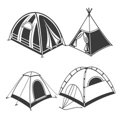 Collection of four different styles of camping tents including a dome tent a teepee tent and two other tent designs depicted in a simple graphic illustration © ALEX ROSS
