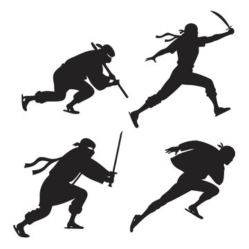 Dynamic silhouettes of four ninjas in action poses featuring swords and a staff against a white background