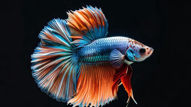Beautiful Siamese fighting fish with flowing fins and vibrant orange, blue scales swimming in a dark environment